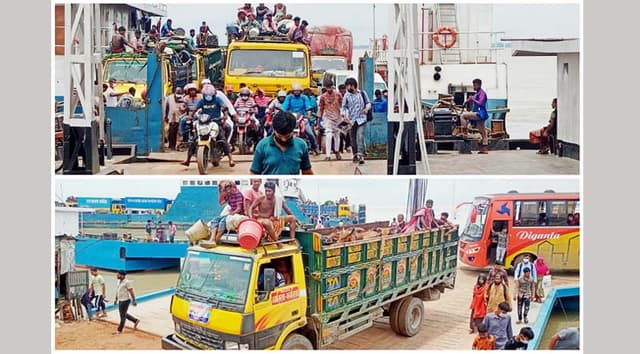 যাত্রী ও অবিক্রিত পশুবাহী ট্রাকের চাপ দৌলতদিয়া ঘাটে